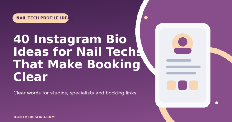 Instagram bio ideas for nail techs branded illustration showing the article title and a fictional profile graphic