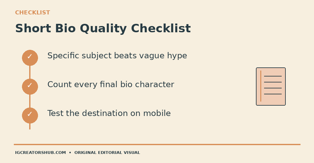 Illustrated checklist for choosing a short photography bio and checking portfolio links