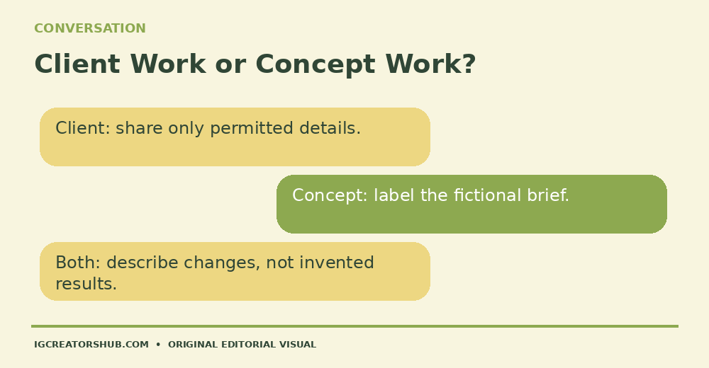 Comparison of permitted client details, labeled concept work and a shared rule against inventing project results