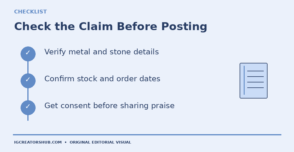 Original illustrated checklist for confirming product composition, stock and customer permission before posting jewelry captions